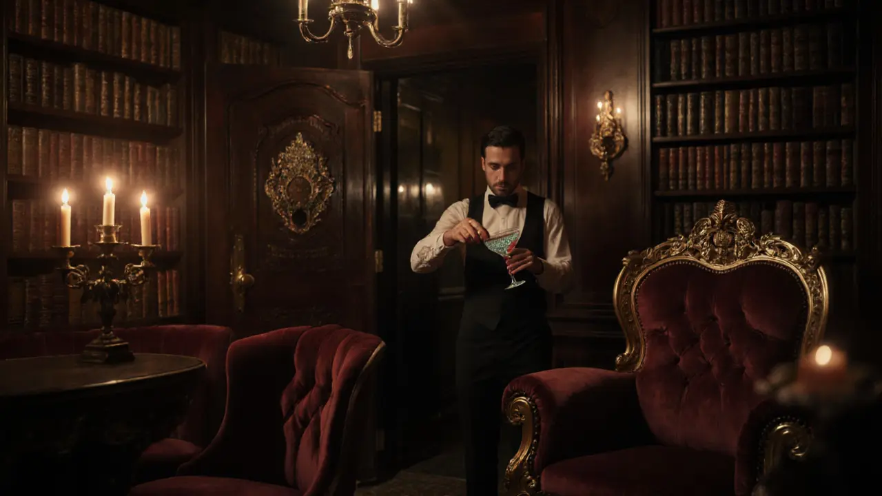 A moody speakeasy with bookshelves and candlelight, a bartender pouring a glitter-dusted cocktail in vintage glassware.