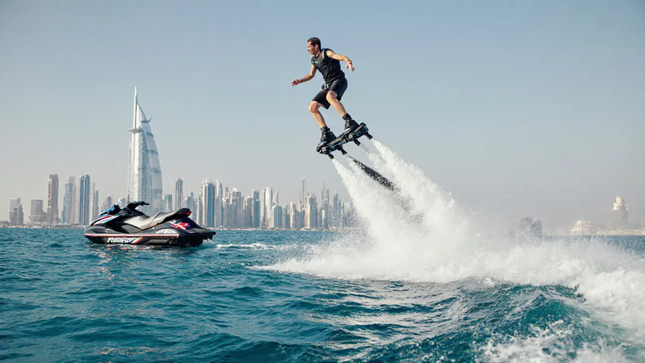 A person flying above the water on a Flyboard near Palm Jumeirah with the Dubai skyline in view.