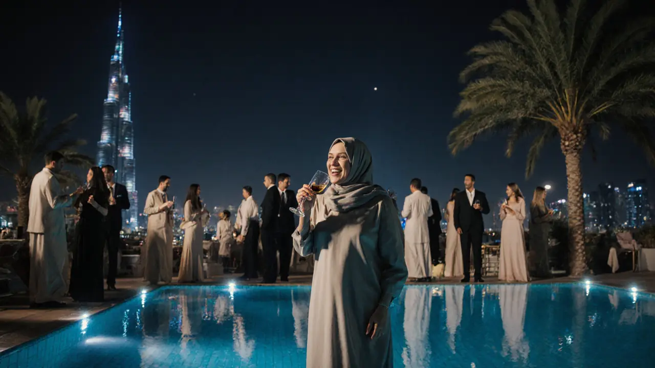 A private rooftop gathering at night in Dubai Marina, guests near a glowing pool under moonlight.