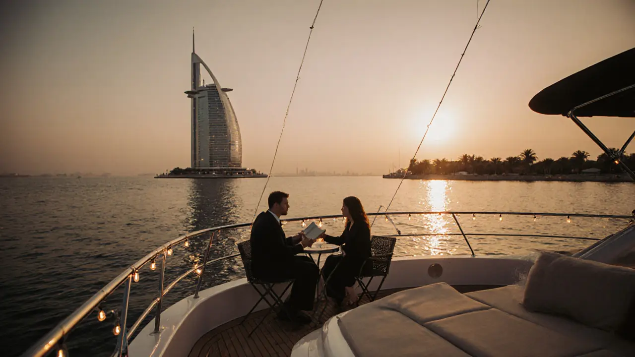 A private yacht at sunset on Palm Jumeirah, two people sharing a calm moment with the Burj Khalifa in the distance.