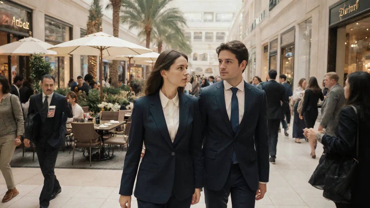 A professional companion guides a traveler through Dubai Mall toward a hidden café, blending into the urban landscape.