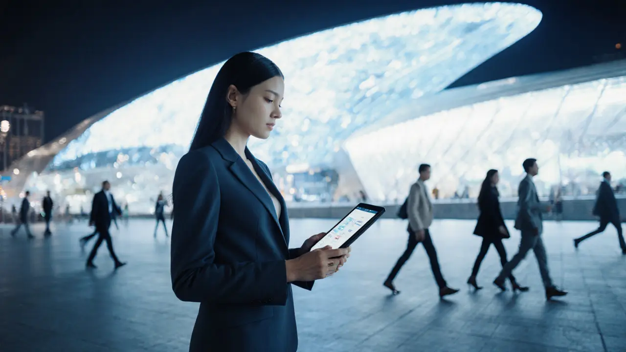 A professional companion stands calmly outside the Museum of the Future in Dubai, holding a verified app.