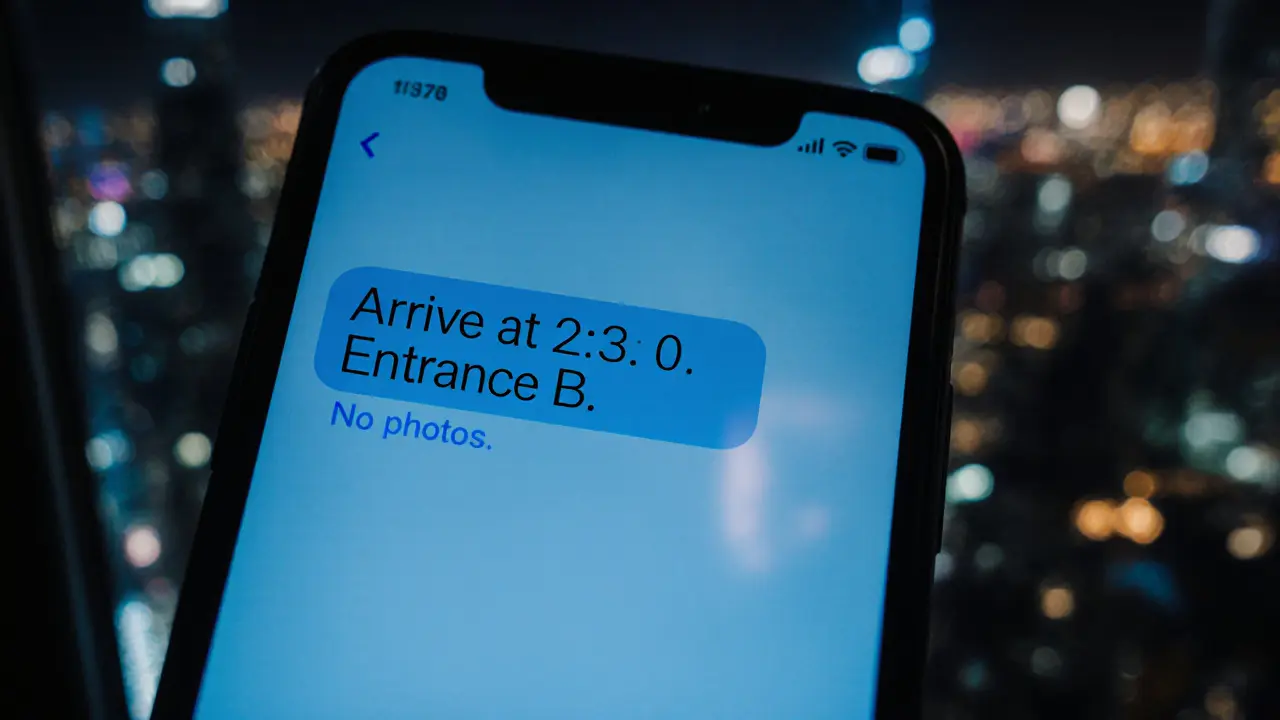 A smartphone screen displays a discreet message about a nighttime meeting in Dubai, city lights reflected in the window.