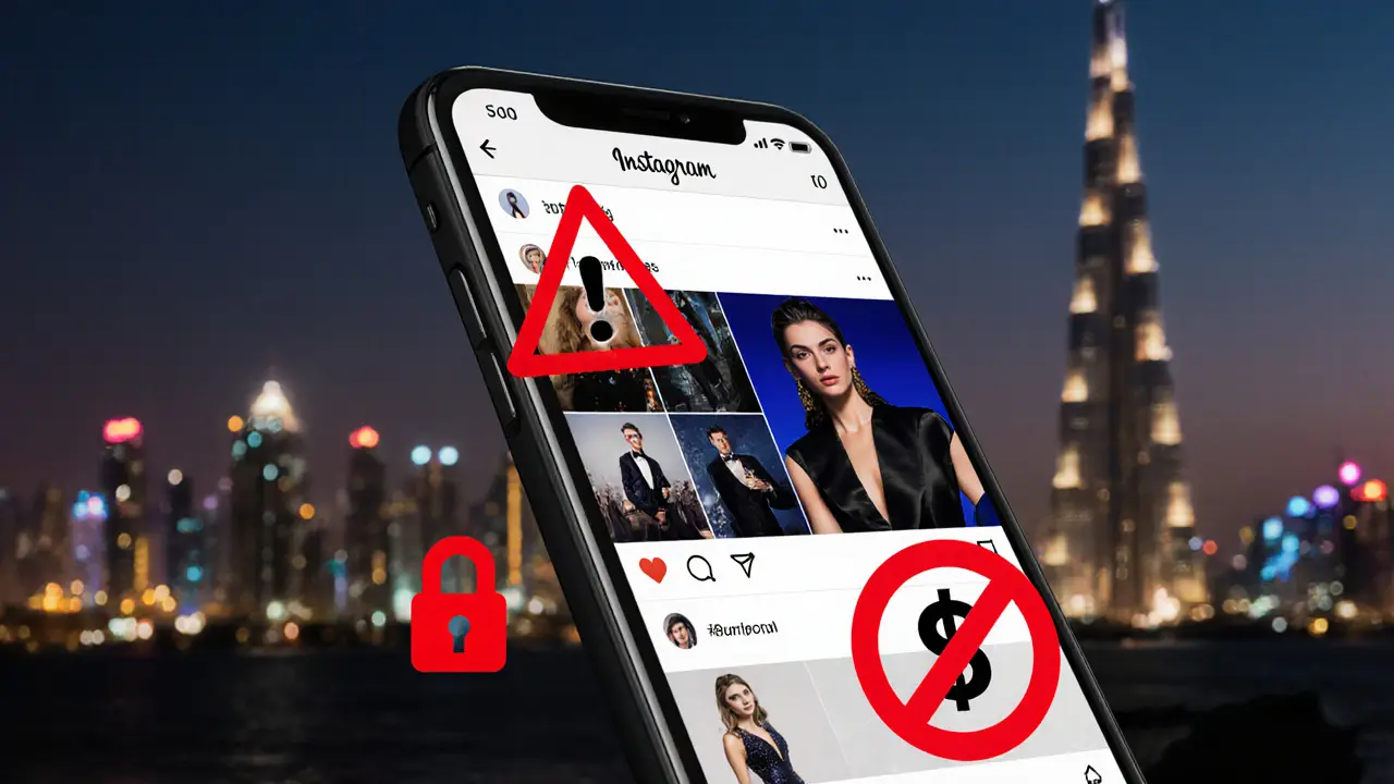 A smartphone screen shows a glamorous Instagram profile with warning icons over Dubai&#039;s skyline.