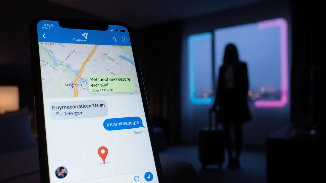 A smartphone showing an encrypted Telegram chat with a hotel location pin, in a dark hotel room.
