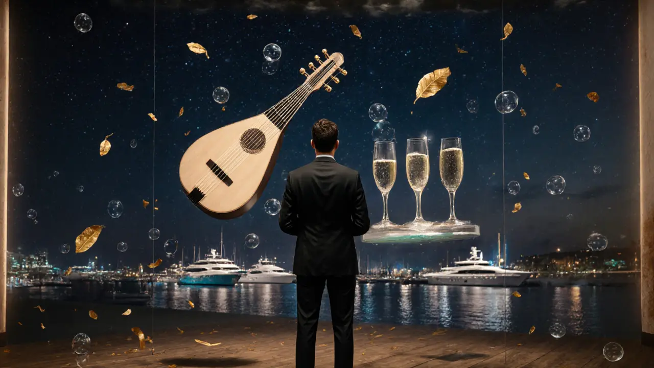 A solitary figure before a floating digital art piece in Cavalli Club&#039;s private gallery space.