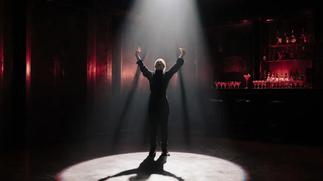 A solitary figure standing still in an empty nightclub, bathed in a slow crimson light pulse.