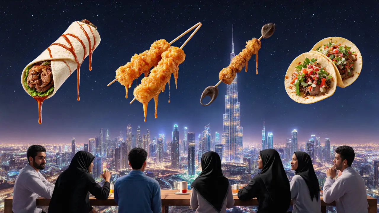 A surreal collage of global late-night foods floating above Dubai’s skyline, shared by diverse diners.