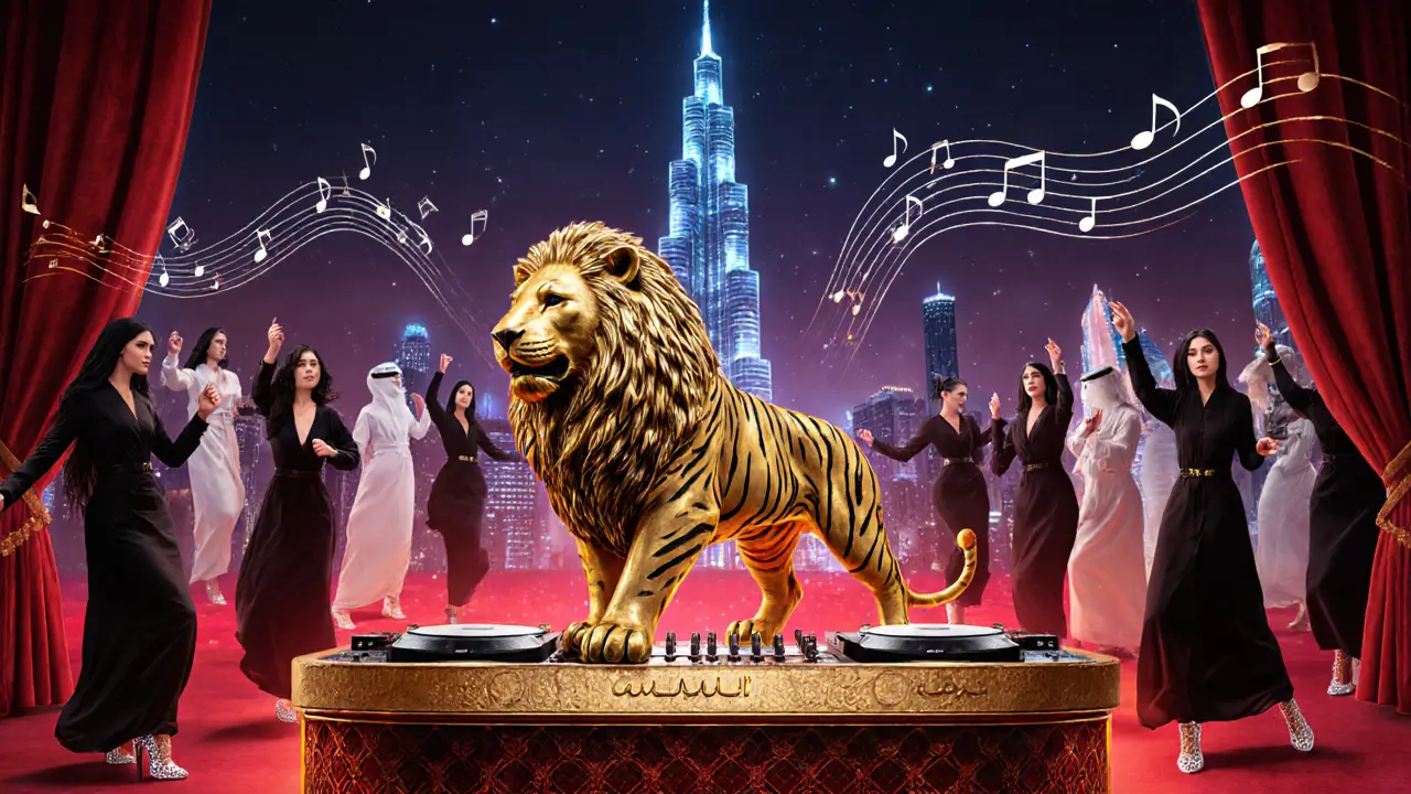 A surreal golden lion DJ statue blending Arabic music and EDM, surrounded by diverse guests in luxury fashion under city lights.