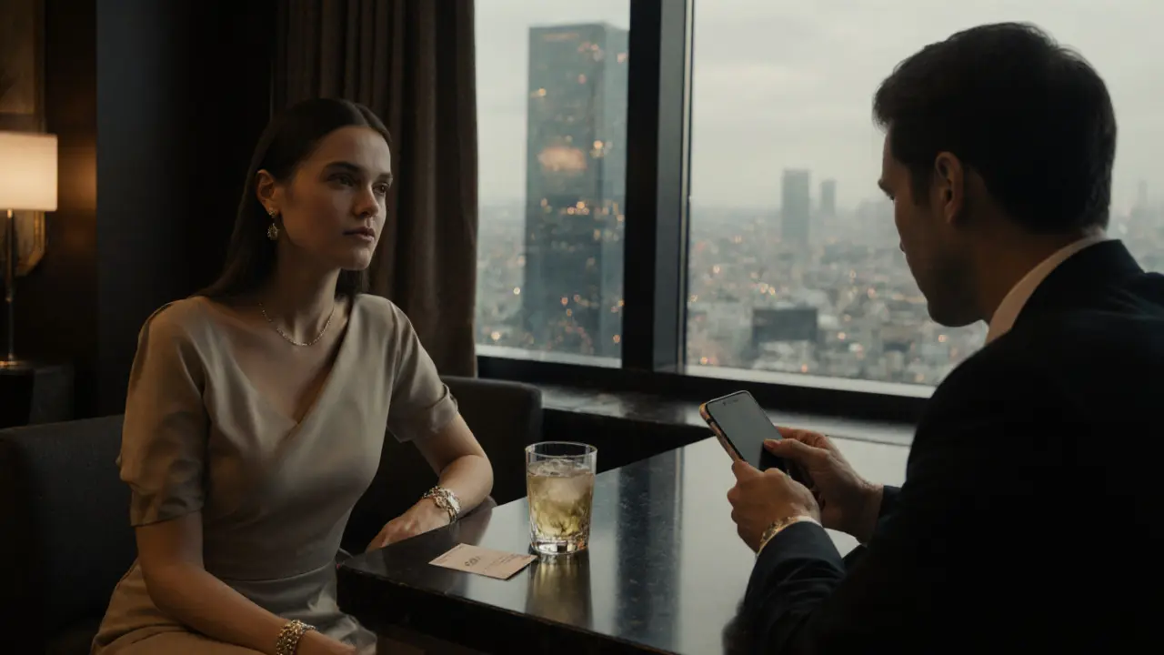 A woman in a modest dress sits at a hotel bar with an untouched drink, waiting as a man places his card on the counter.