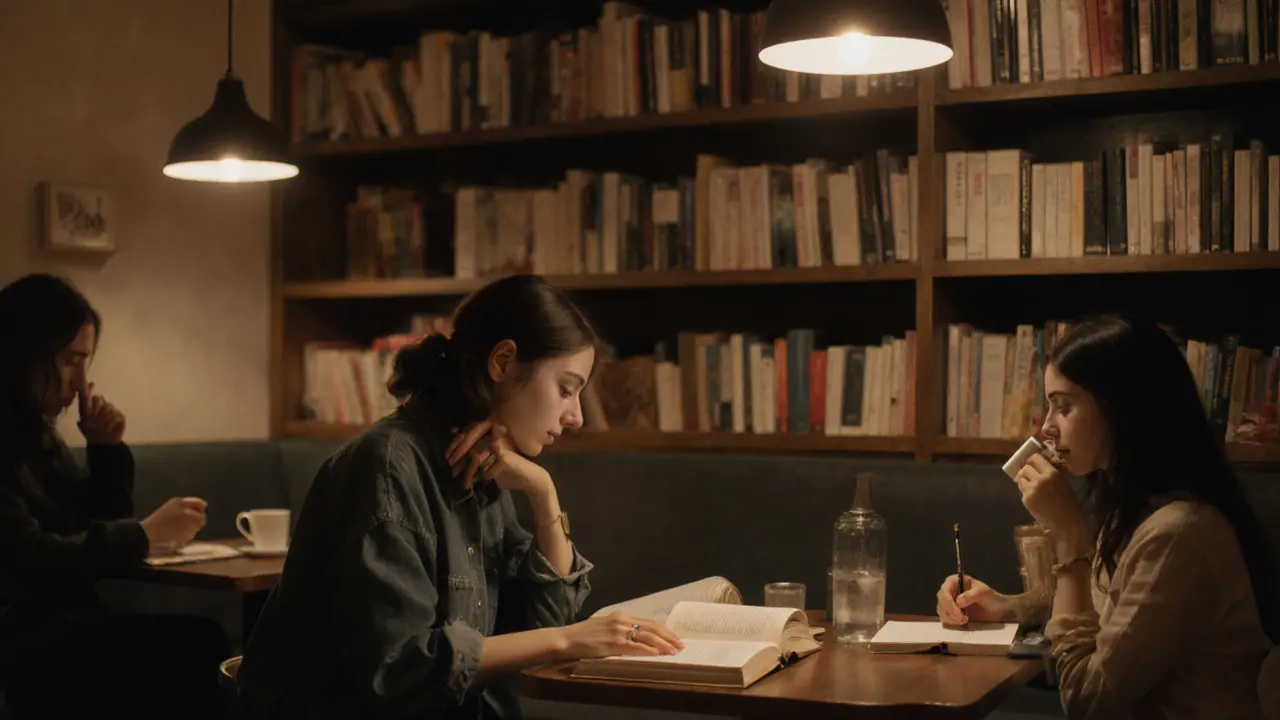 A woman reading a book in a cozy Dubai cafe with shelves and soft lighting.