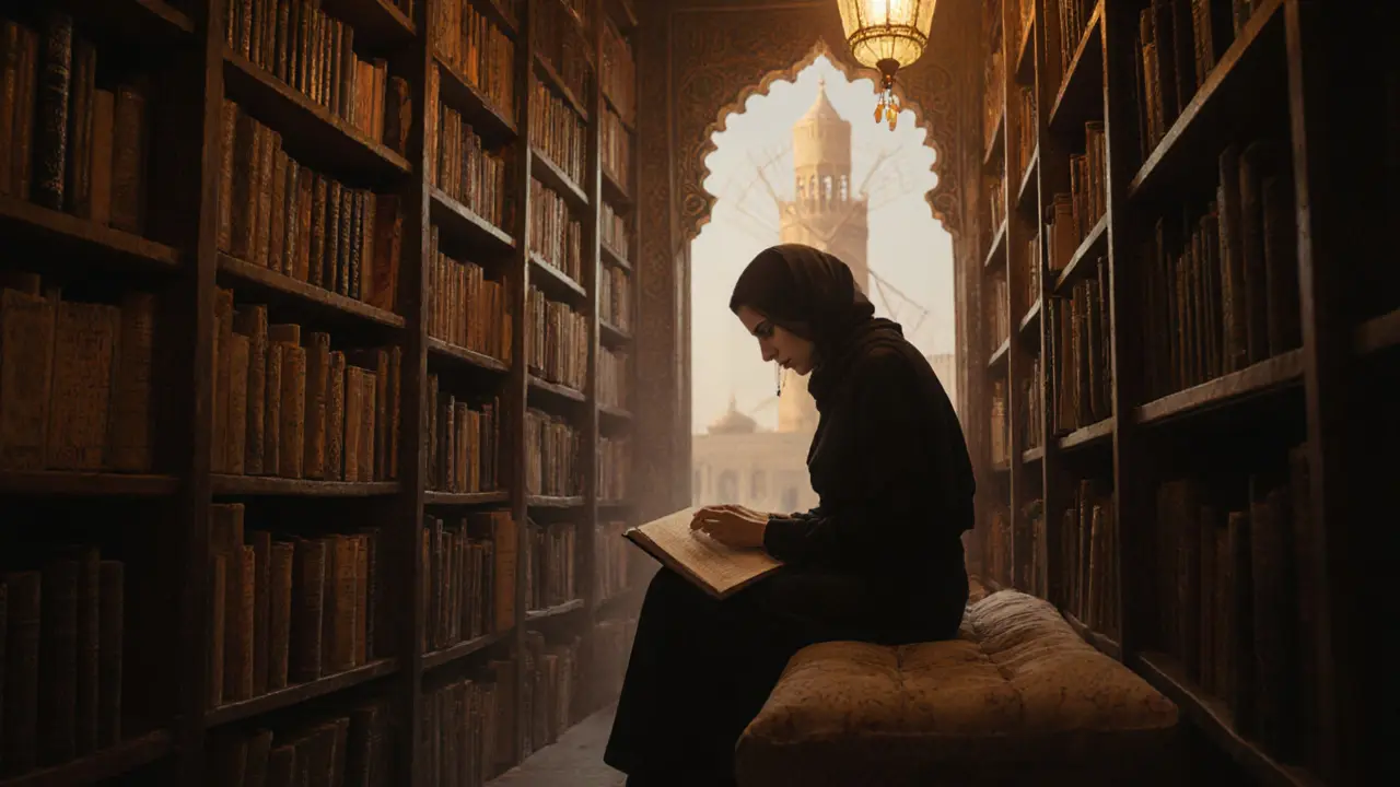 A woman reading poetry in a 24-hour bookstore at night, surrounded by books, bathed in soft golden light.