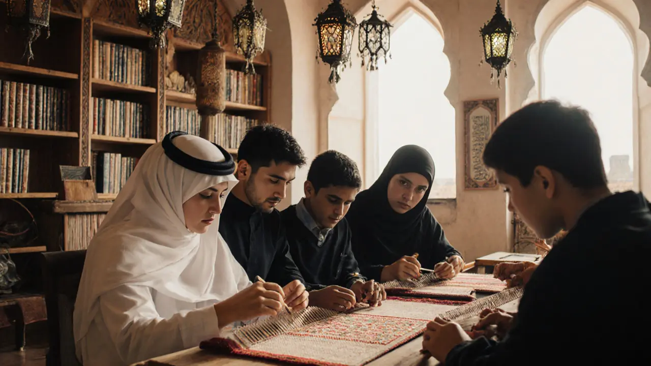 An Emirati woman teaching international students to weave a prayer rug, blending tradition and modernity.