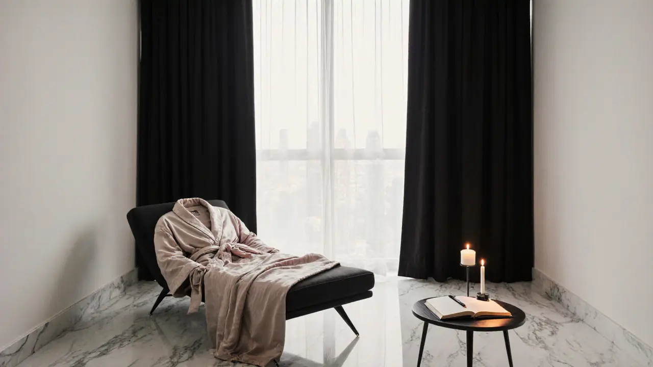 An empty luxury wellness suite with heated marble, silk robes, and a flickering candle.