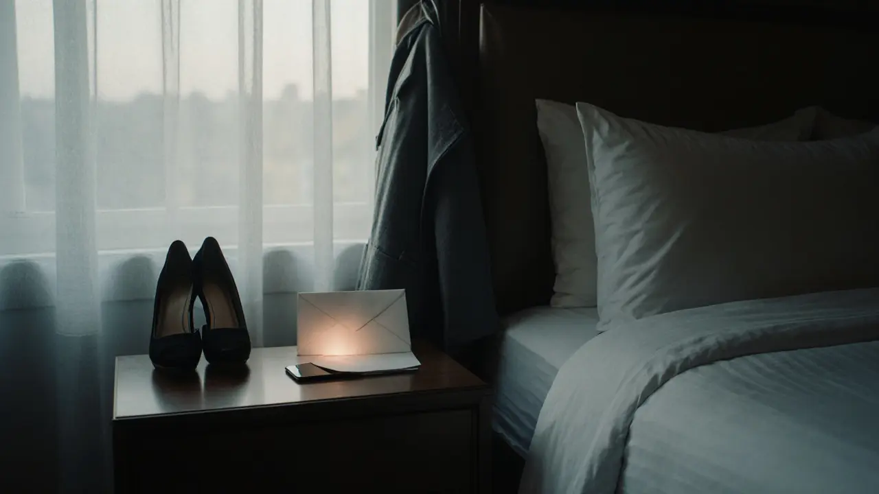 An unopened envelope rests on a hotel nightstand in a quiet, empty room at dawn, phone face-down on the dresser.