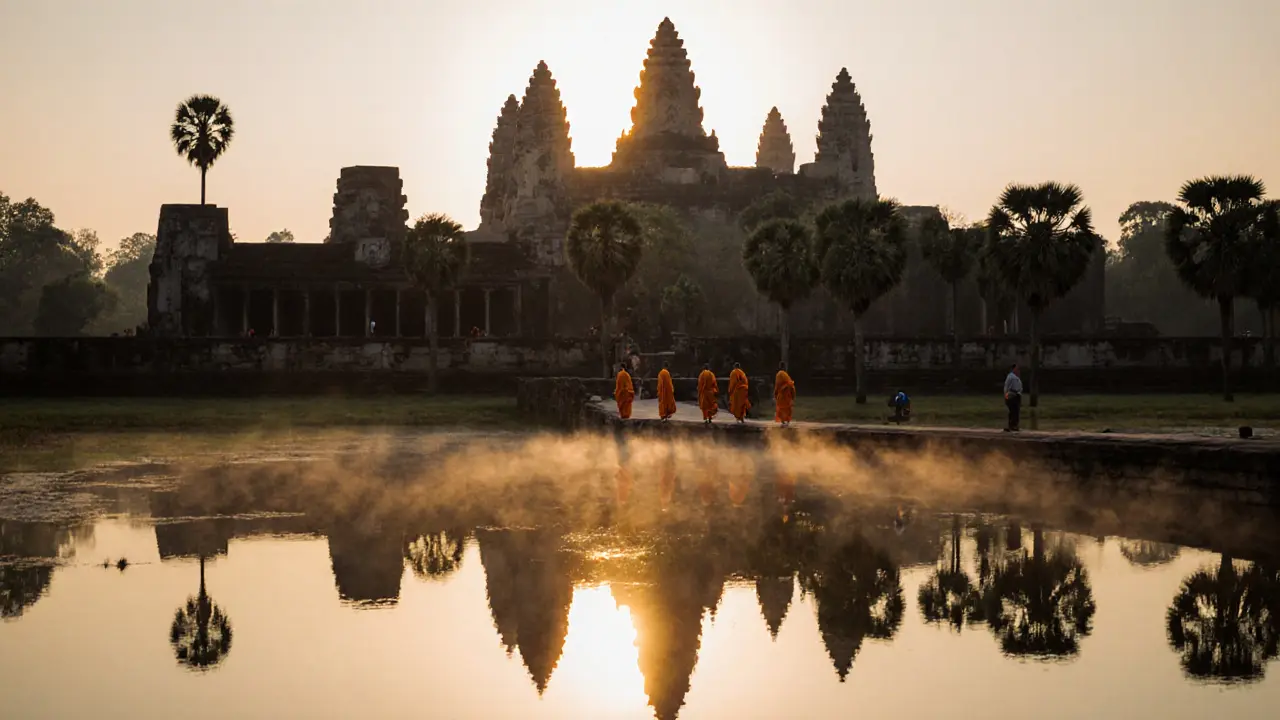 Angkor Wat reflected in still water at sunrise, with mist and monks walking across the causeway.
