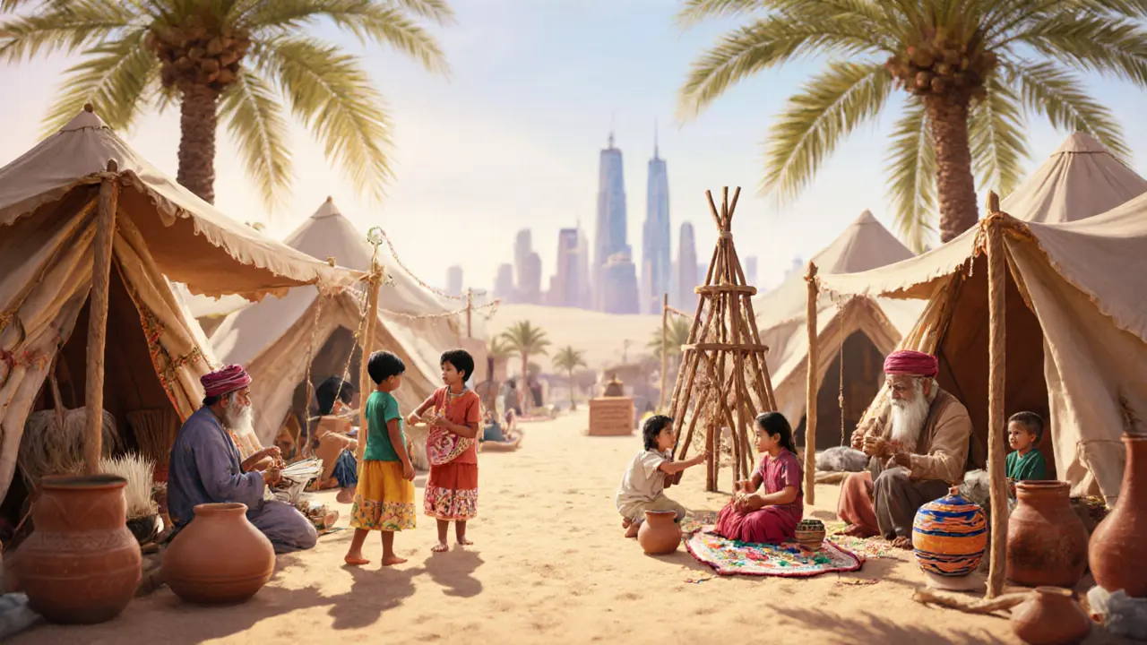 Artisans weaving and crafting at Heritage Village under shaded awnings with children playing.