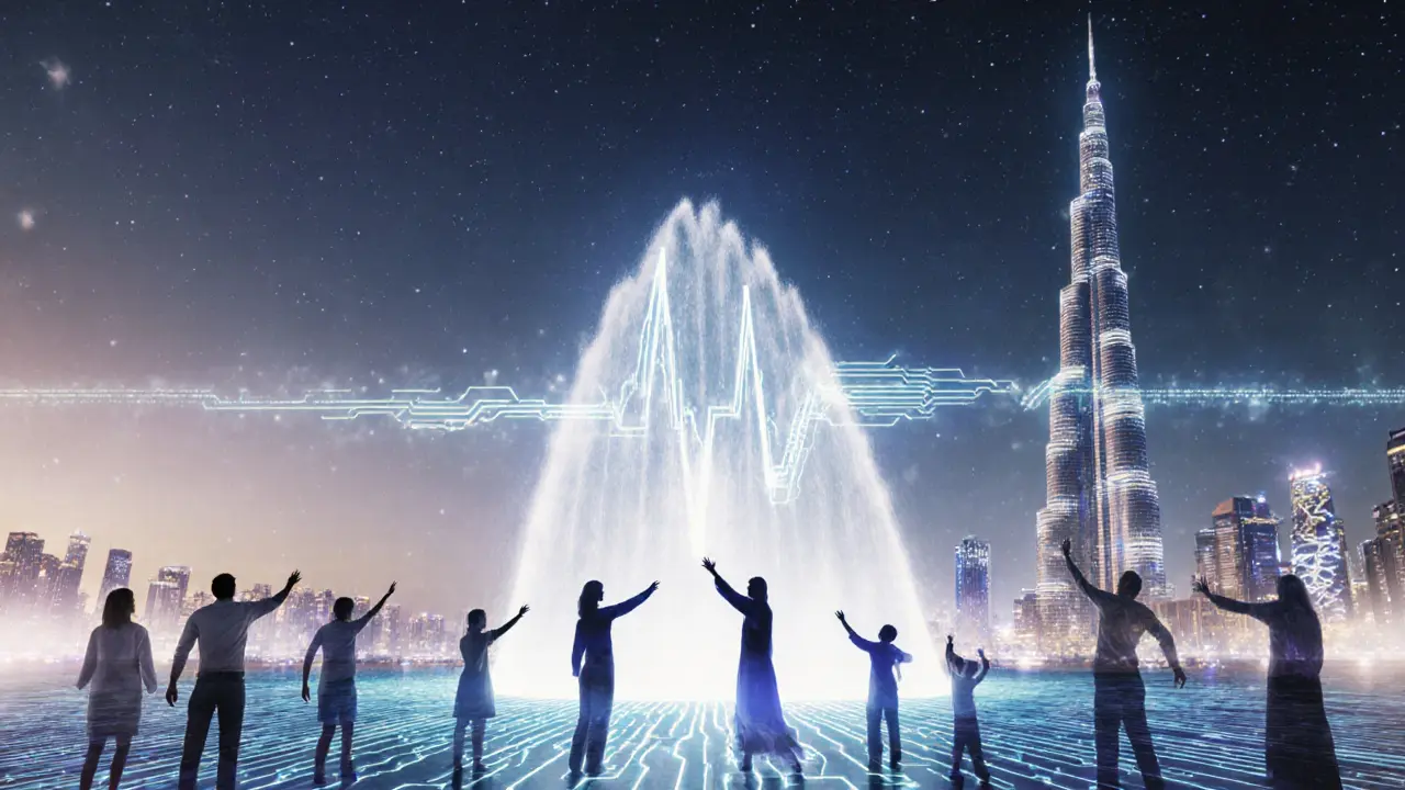 Artistic symbol of the Dubai Fountain as a pulsing heartbeat of the city, blending water, light, and human silhouettes against the skyline.