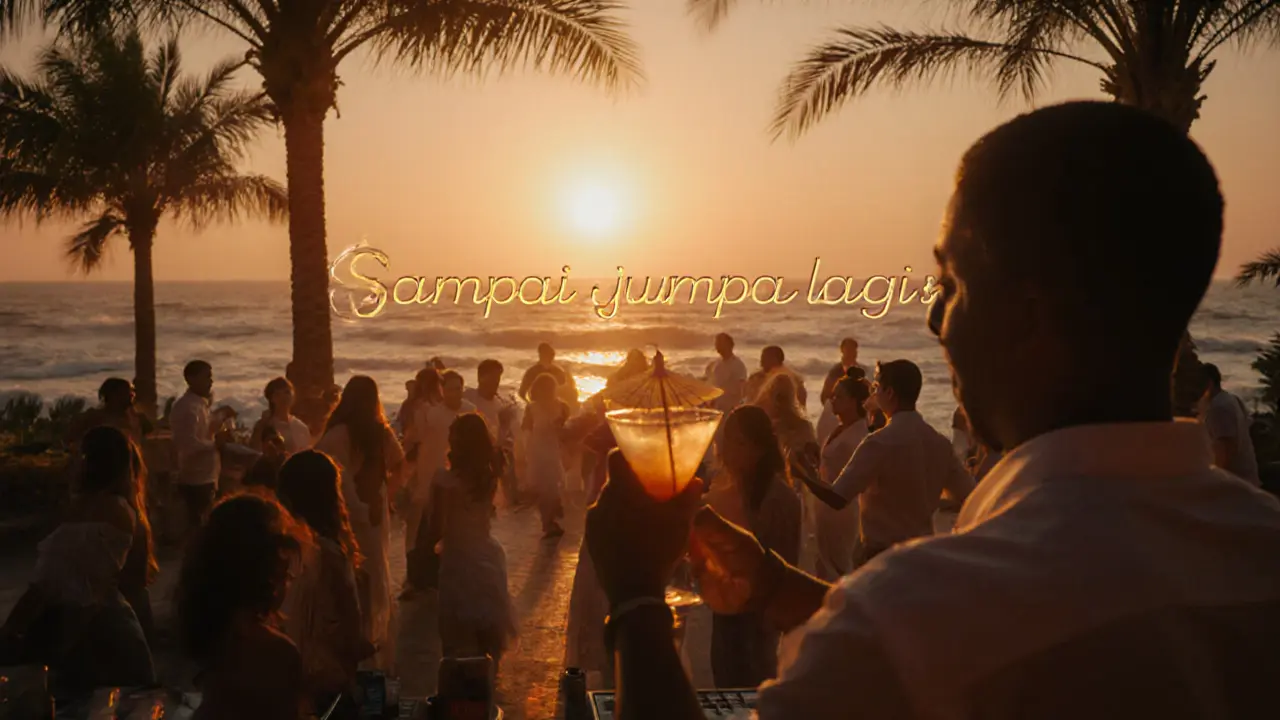 Beachside crowd at Cielo Dubai swaying to gamelan and bass music at sunset.