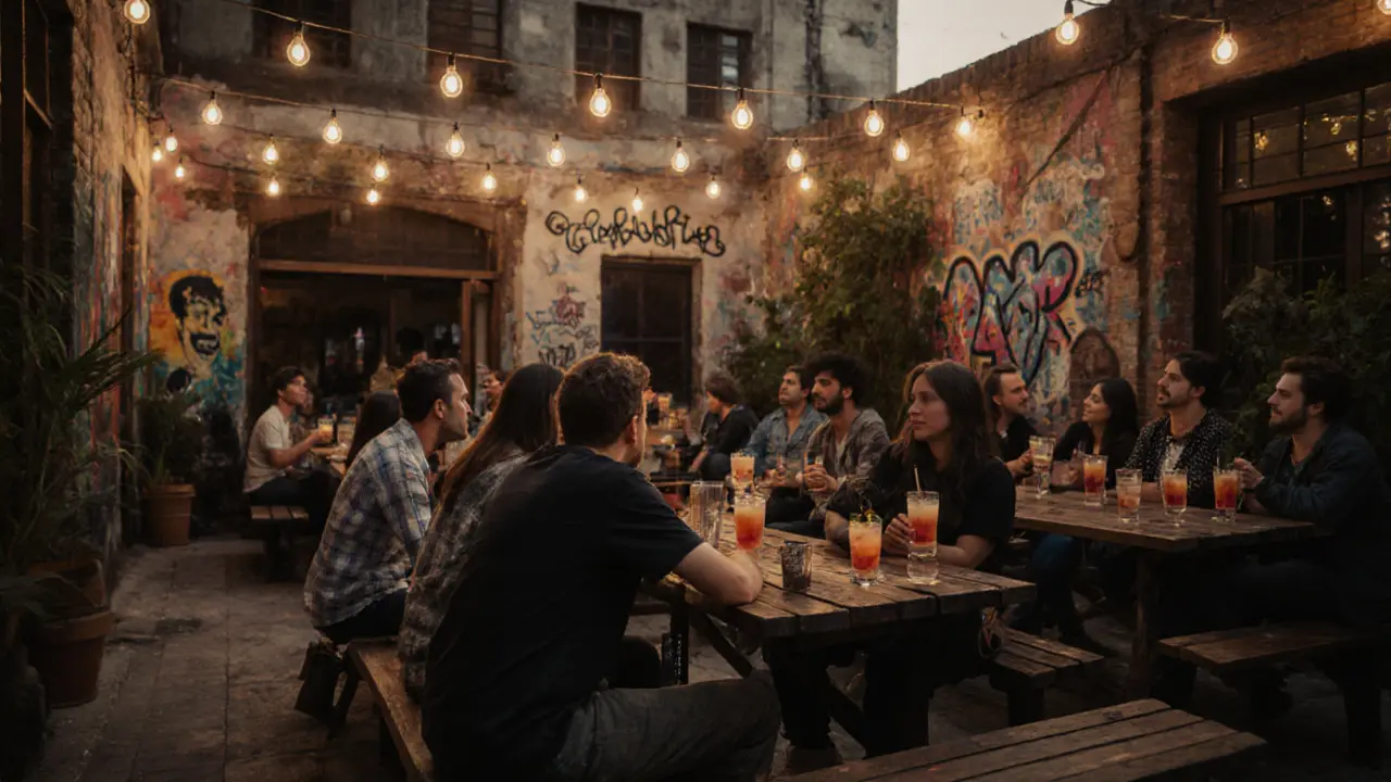 Casual crowd enjoying drinks in Barasti&#039;s shaded courtyard with string lights above.