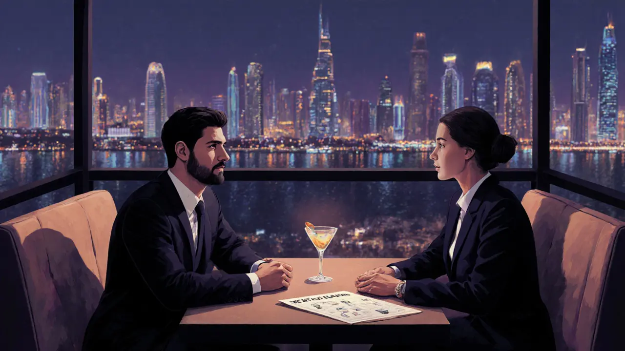Client and companion in a rooftop bar booth in Dubai, soft lighting, quiet conversation.