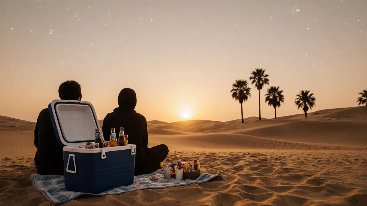 Couple watching sunset at Black Palace Beach with cooler and picnic blanket on desert sand.