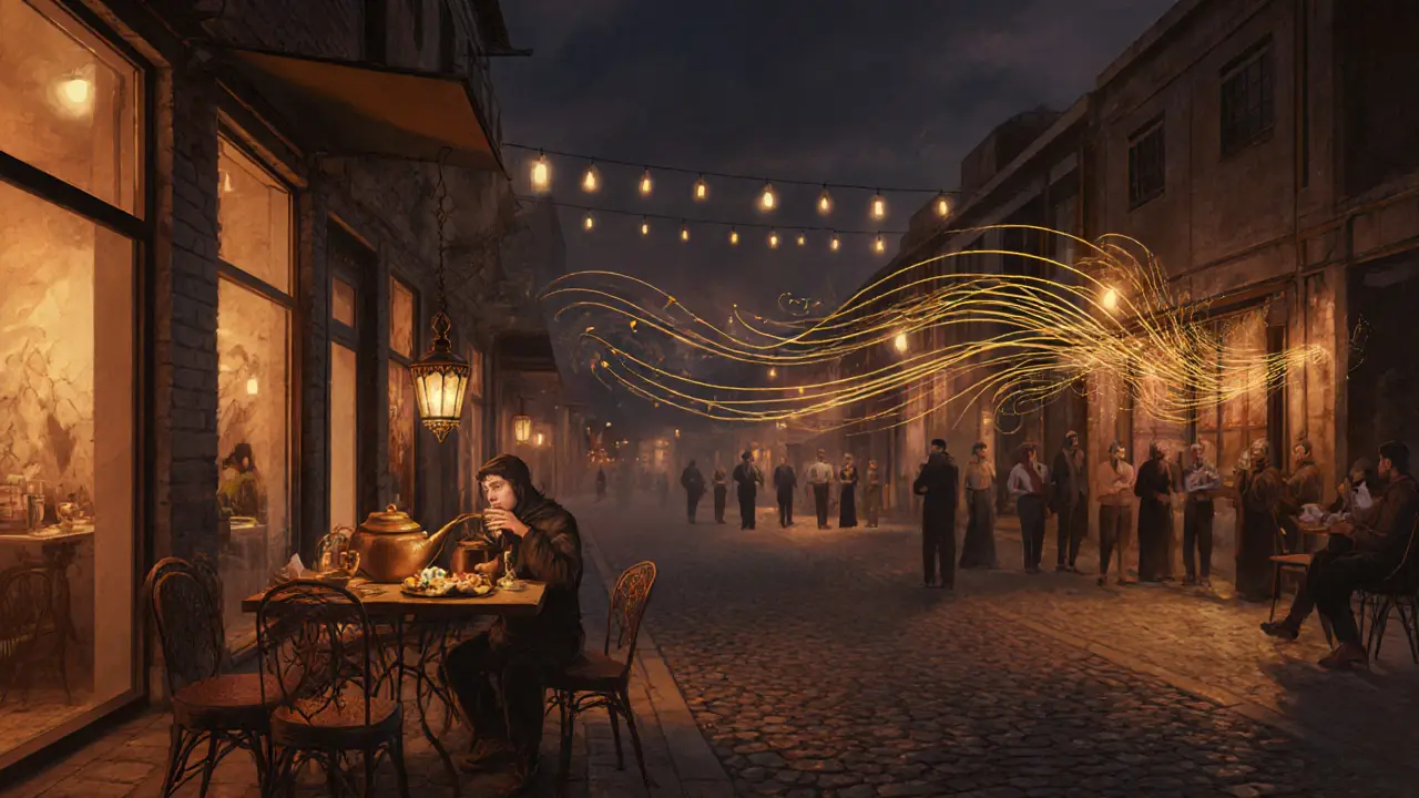 Cozy alley in Alserkal Avenue with warm café lights, Arabic coffee, and jazz notes floating in the night air.