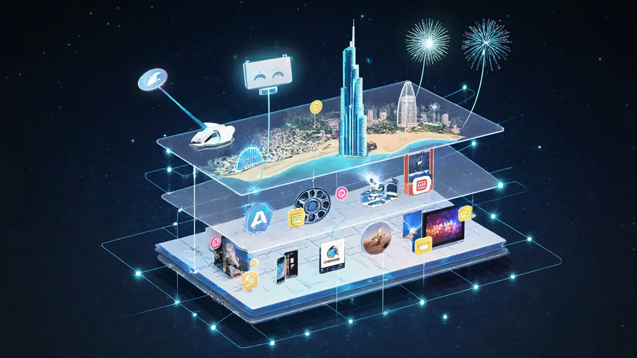 Digital calendar overlay showing Dubai events at iconic locations.