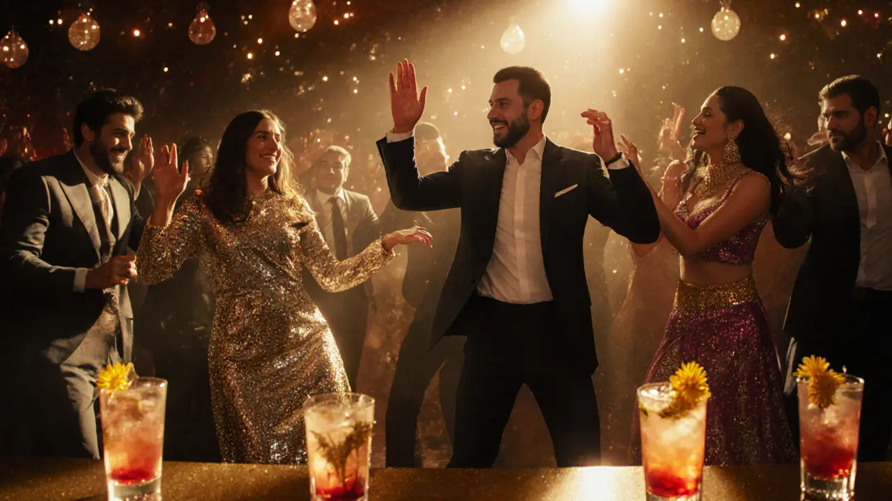 Diverse crowd moving together to music in a luxurious club with signature cocktails.