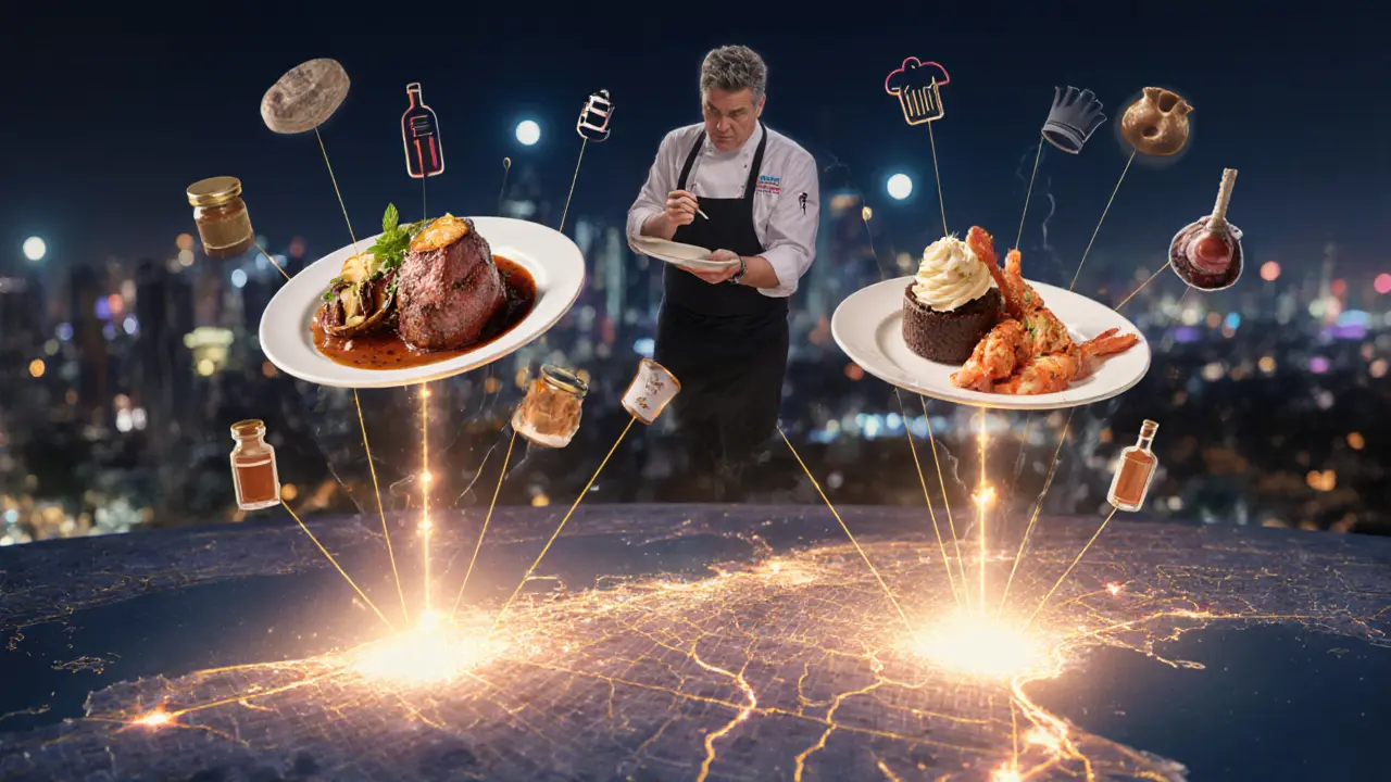 Dubai map with glowing restaurant locations and floating signature dishes connected to Gordon Ramsay’s silhouette.