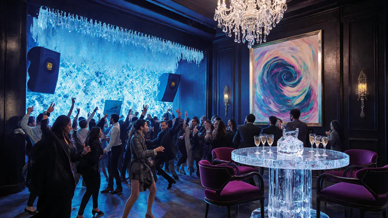 Elegant crowd dancing in a luxurious club interior with crystal chandeliers and vibrant lighting.