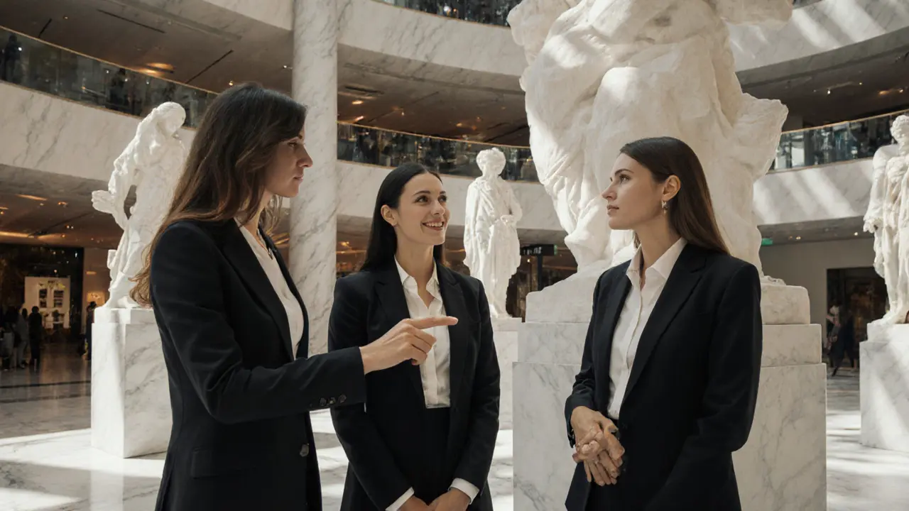 Elite European companions discuss art in Dubai Mall&#039;s atrium, exuding sophistication and cultural awareness.