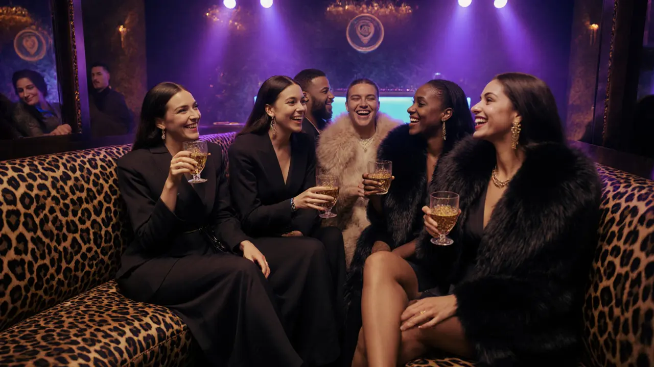 Elite guests in elegant attire laughing in a VIP lounge with shifting colored lights and custom leather booths.