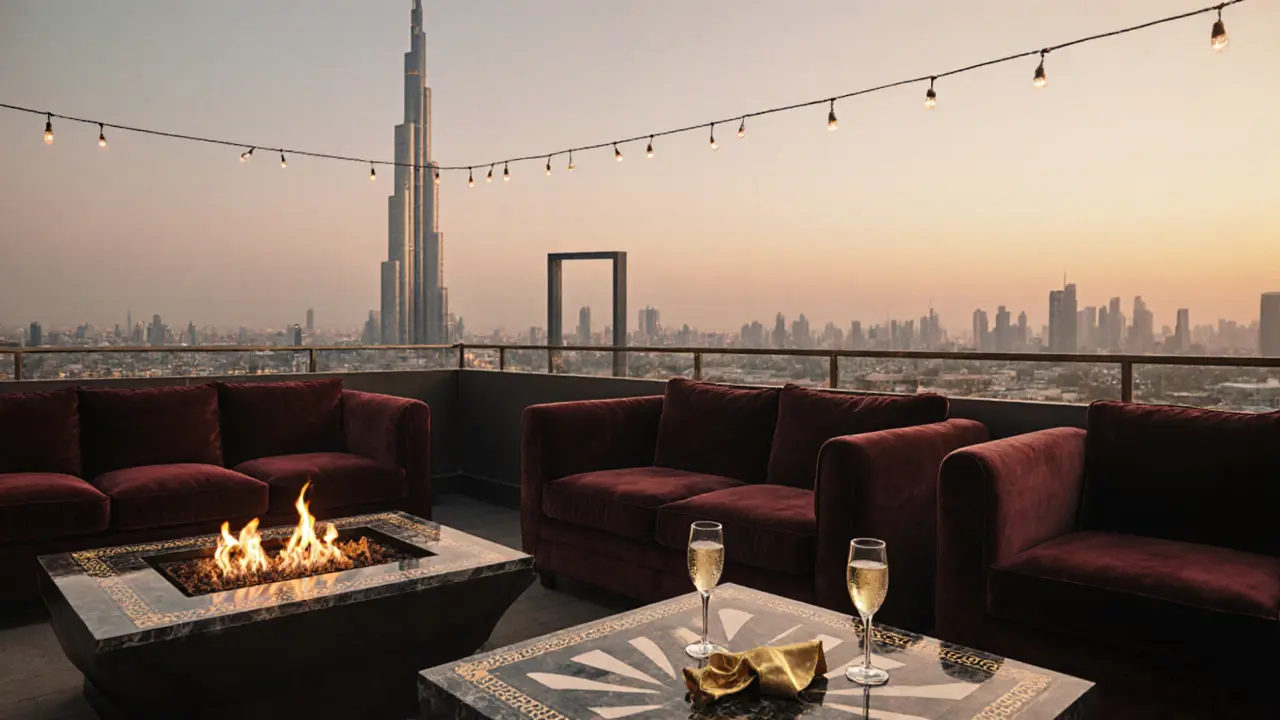 Empty terrace at dawn with glowing fire pits, champagne glasses, and the Burj Khalifa in the distance.