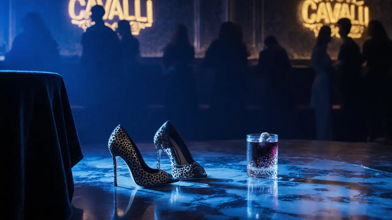 Empty VIP booth with designer heels and a glowing cocktail after a night of dancing.