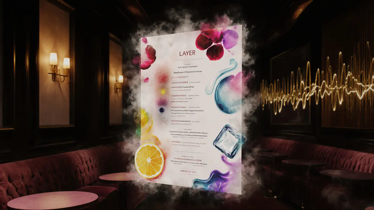 Floating flavor map chart showing abstract representations of cocktail ingredients and sensory effects in a luxury lounge.