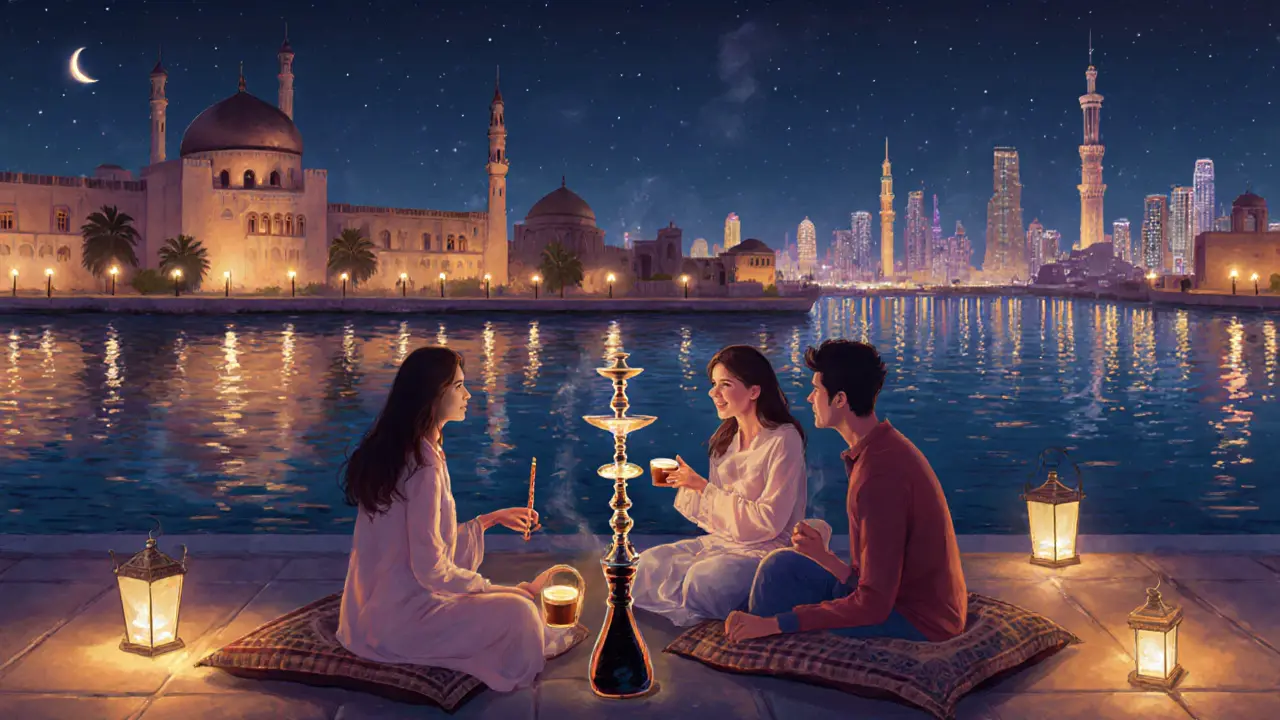 Friends sharing shisha and coffee beside Dubai Creek at night under lantern lights and historic architecture.