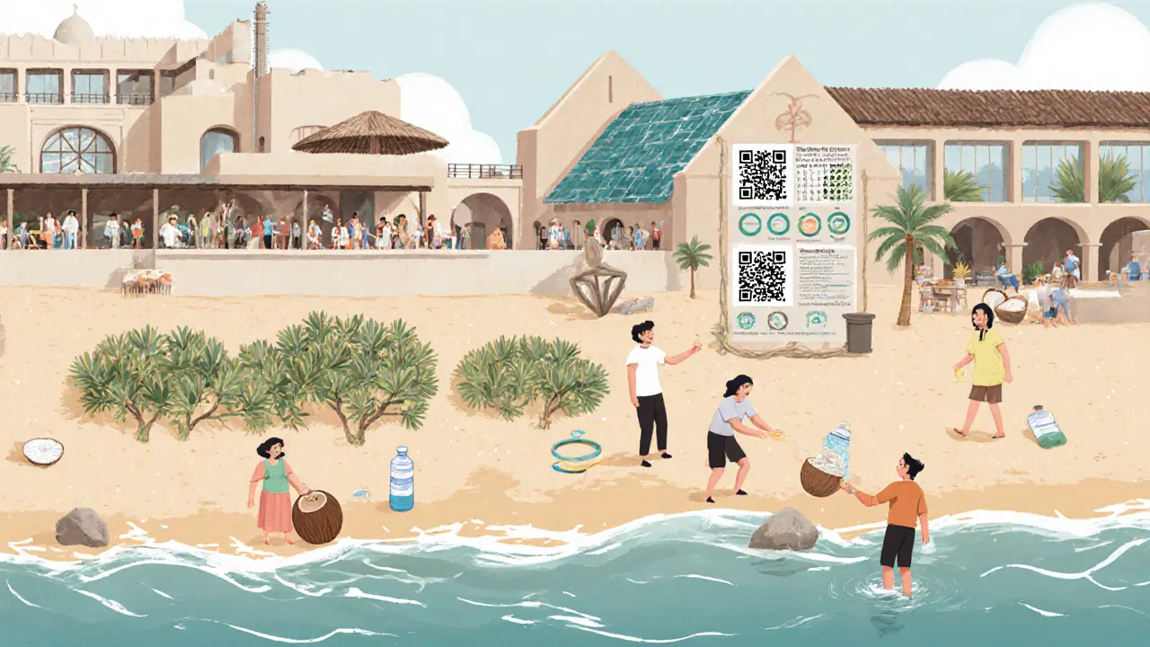 Guests exchanging plastic bottles for coconut water at a beach cleanup event in Dubai.