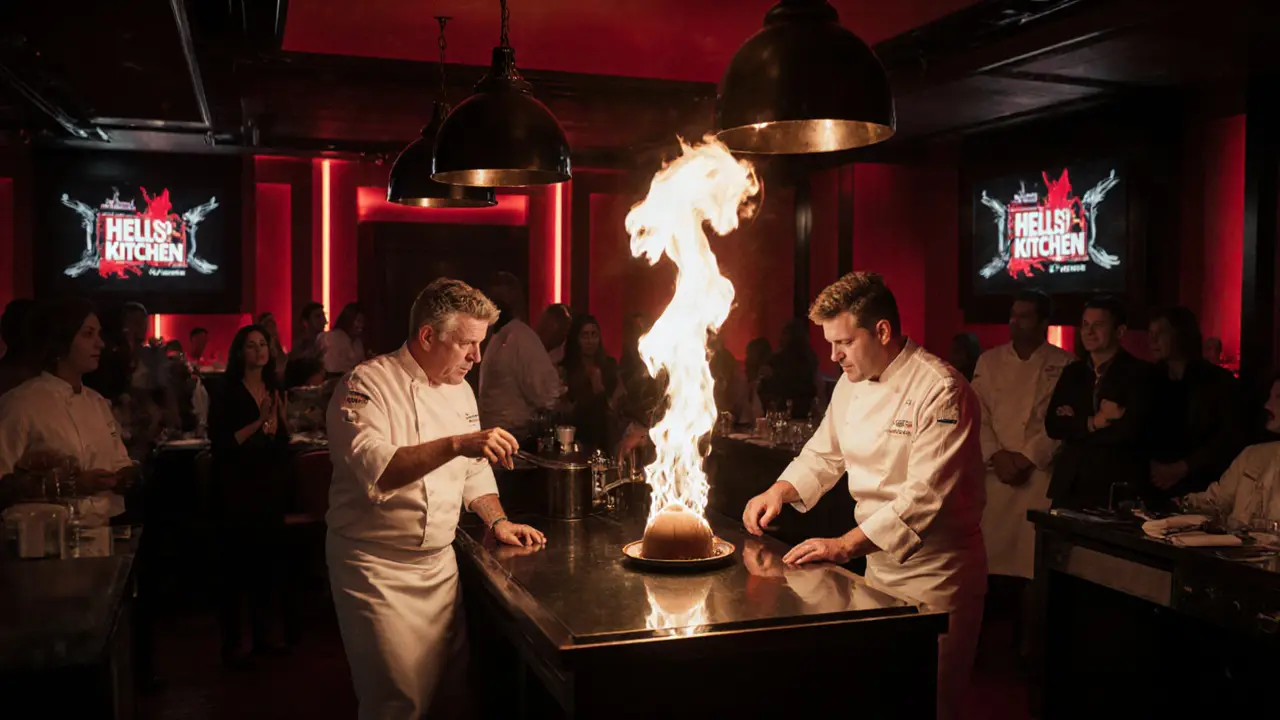 Hell’s Kitchen in Dubai with dramatic lighting and chefs preparing a flaming dessert for amazed guests.