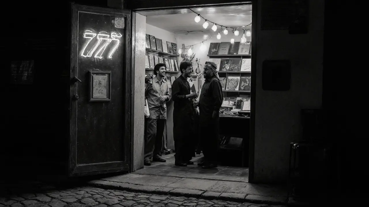 Hidden underground club with unmarked door, locals enjoying rare Arabic vinyl, dim lighting, and authentic, no-frills atmosphere.