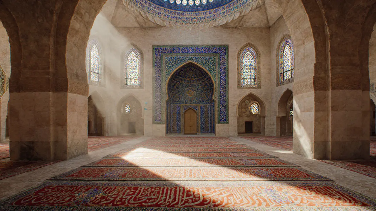 Interior of the mosque with colored light patterns on prayer rugs and ornate mihrab tiles.