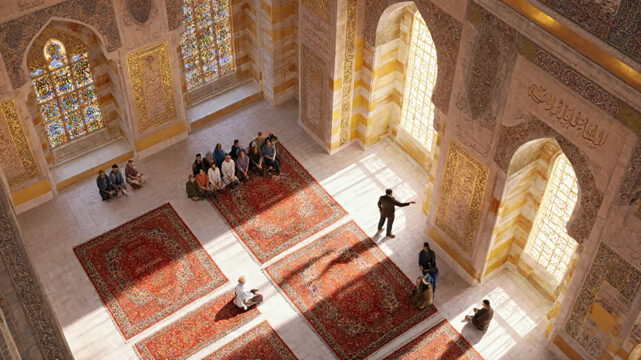 Interior of the mosque with golden calligraphy, stained-glass patterns on the floor, and visitors observing quietly.