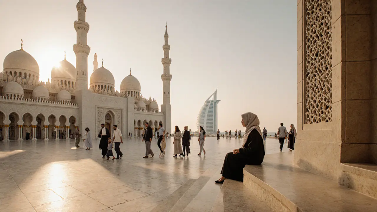 Jumeirah Mosque at golden hour beside Burj Al Arab, with visitors in quiet reflection.