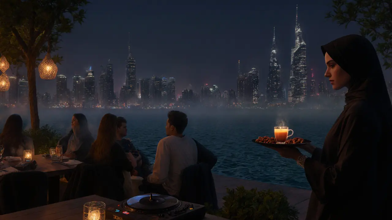 Patrons sitting quietly at dawn near a water feature, sipping coffee as the Dubai Marina skyline glows softly in the background.