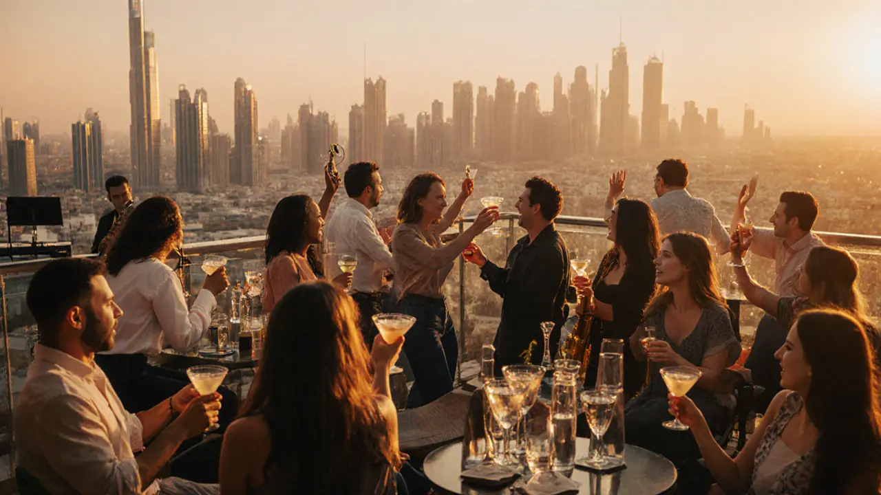People enjoy cocktails at a lively Dubai rooftop bar at sunset with the city skyline in the background.