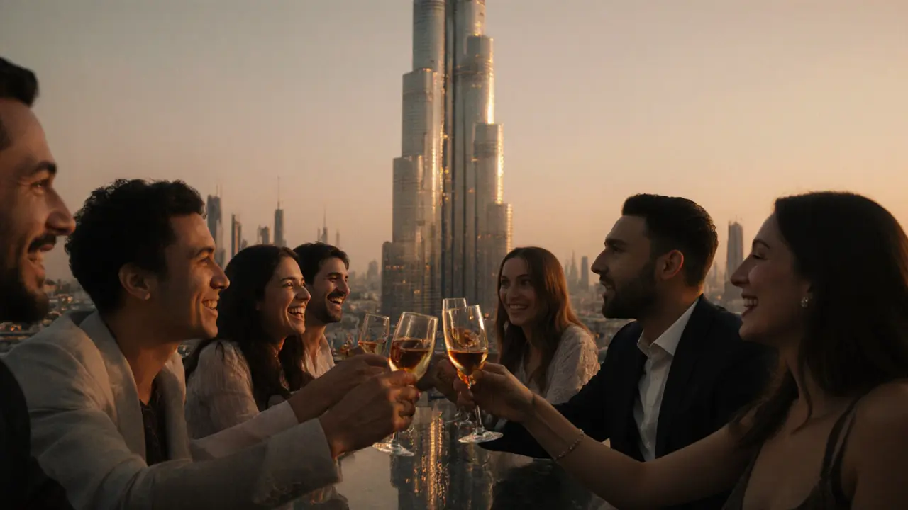 People enjoy drinks at a glamorous Dubai rooftop bar with the Burj Khalifa glowing in the background.