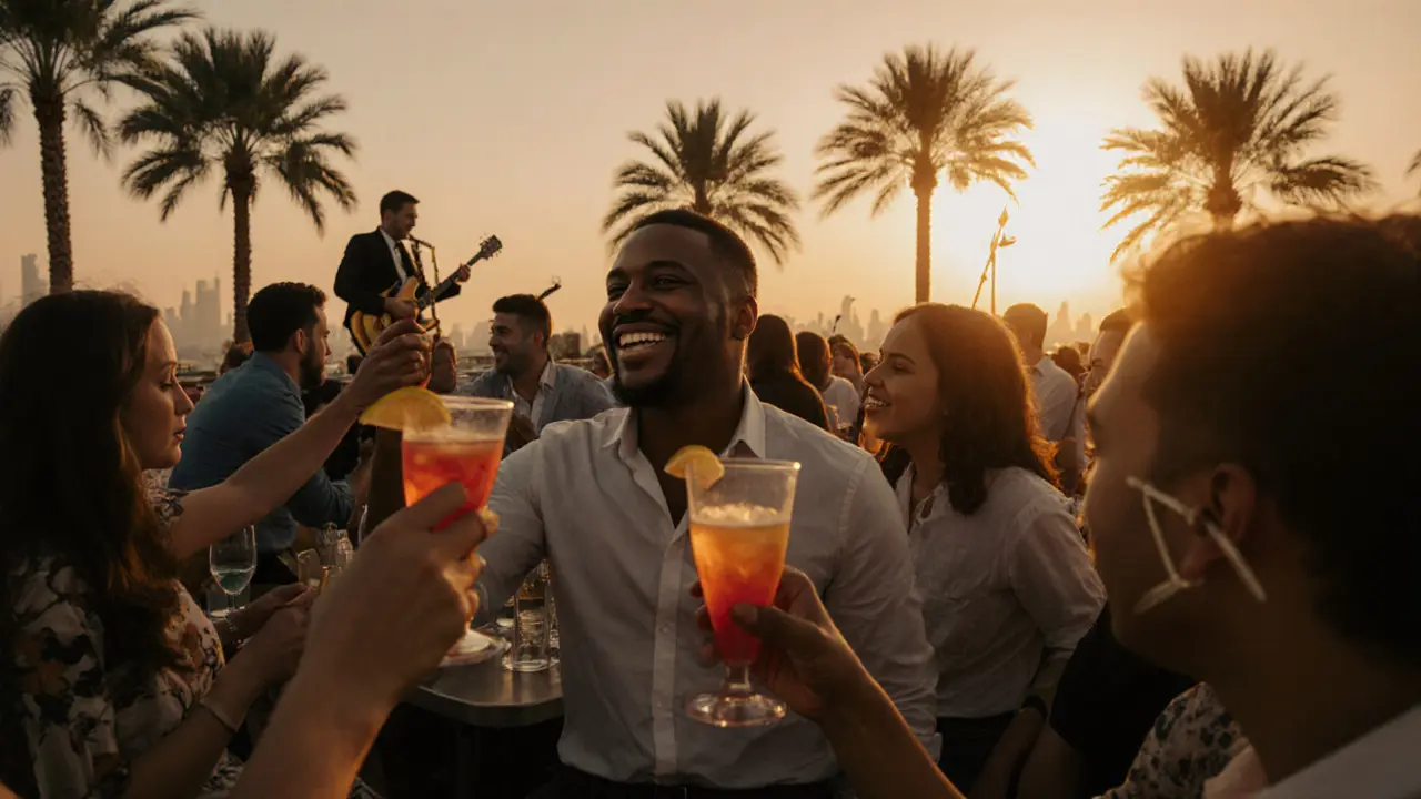 People enjoying cocktails at a lively Dubai rooftop bar at sunset, laughing and connecting socially.