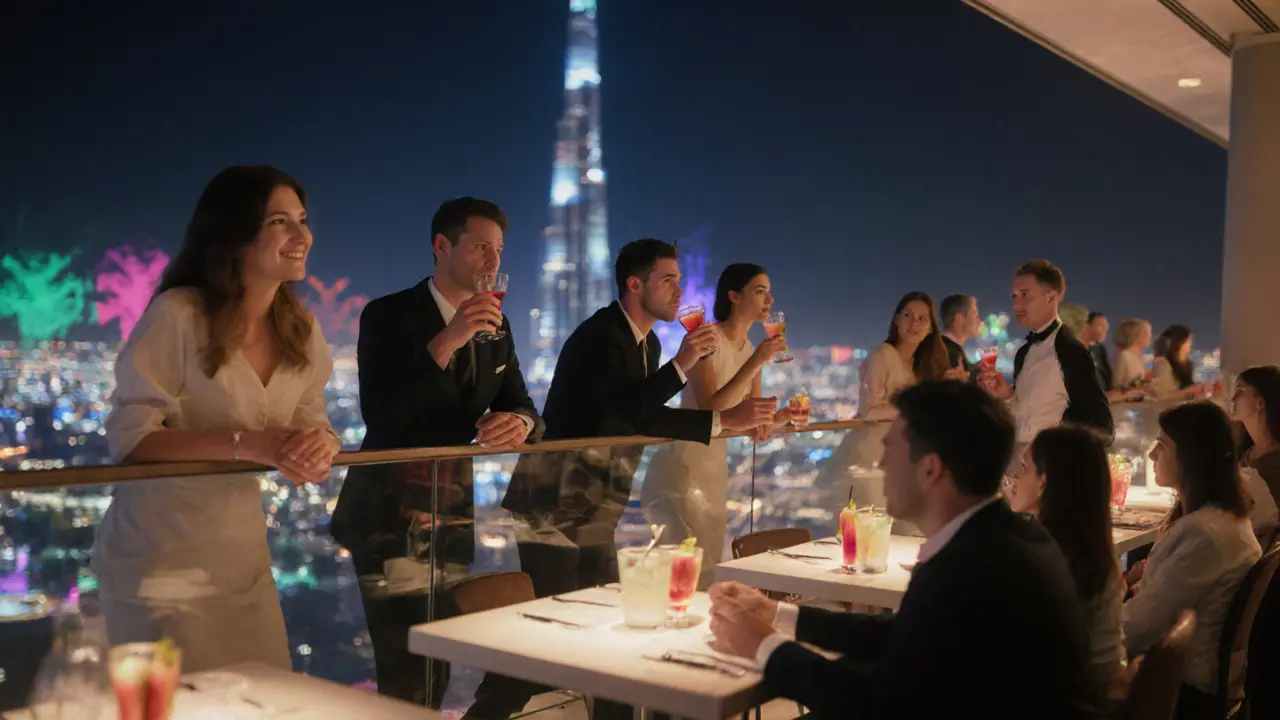 People leaning on a glass railing at night, watching the Burj Khalifa light up, sipping colorful cocktails in a quiet, intimate setting.