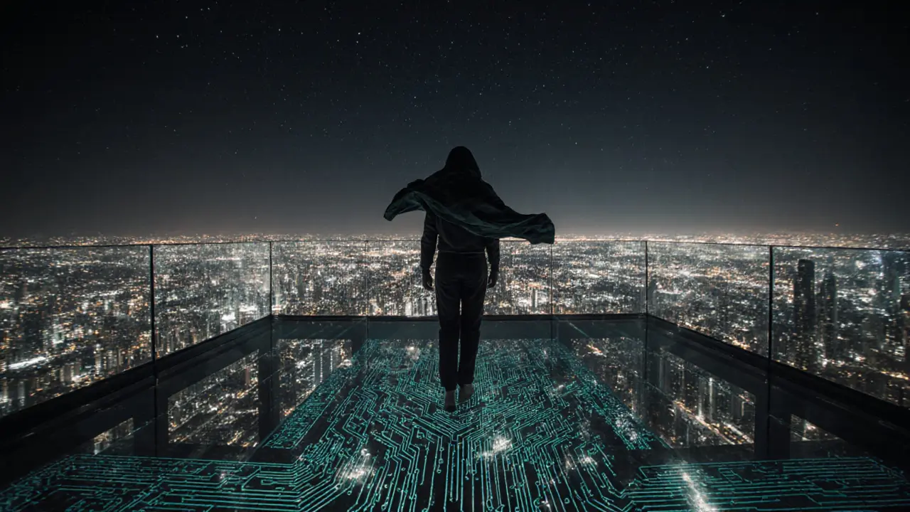 Person standing on glass platform extending from Burj Khalifa with city below
