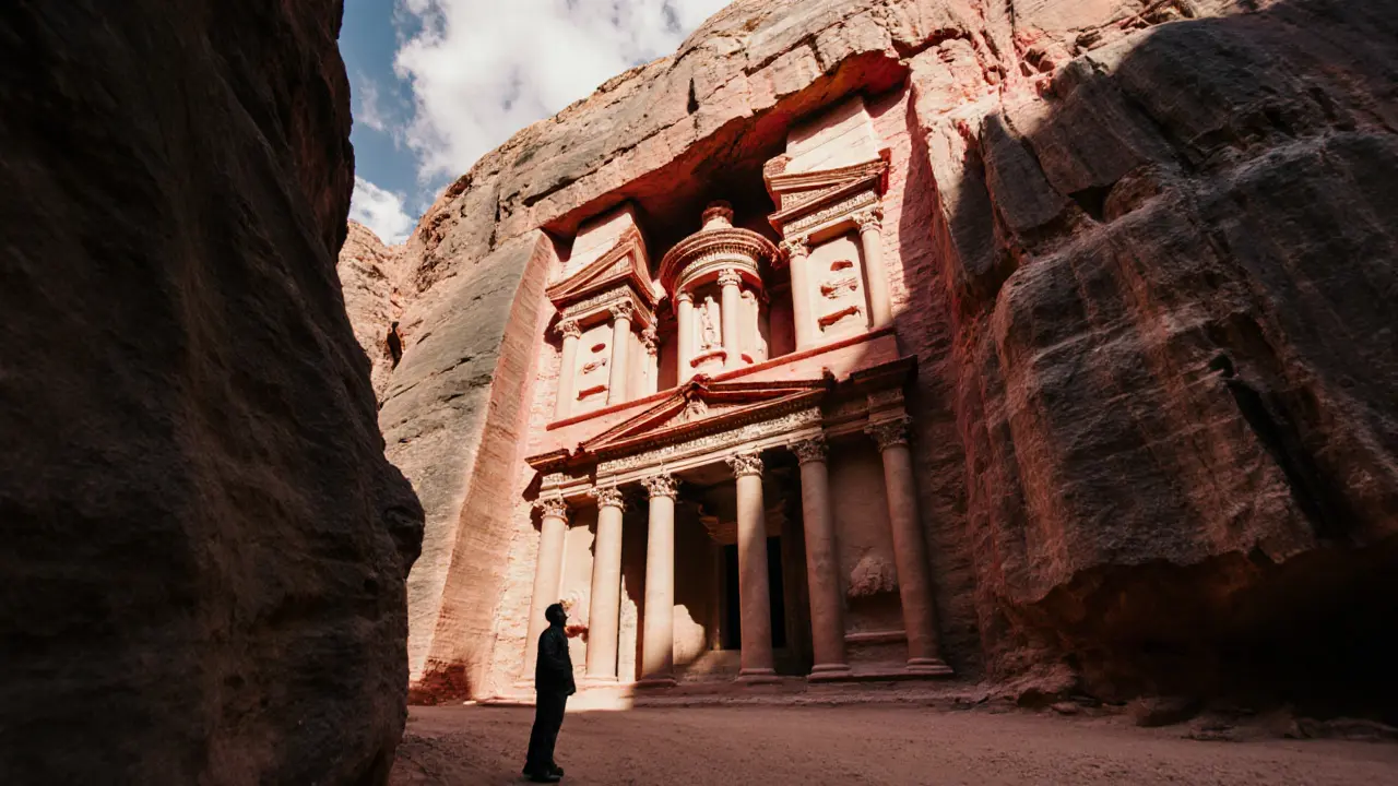 Petra&#039;s Treasury glowing pink in late afternoon light, with the Siq canyon behind and a lone traveler looking up.